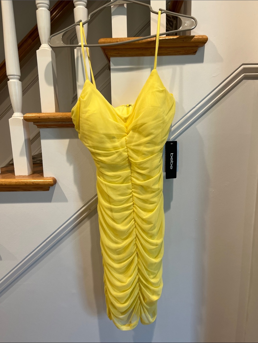 bebe Yellow Ruched Mini Dress with Double Spaghetti Straps